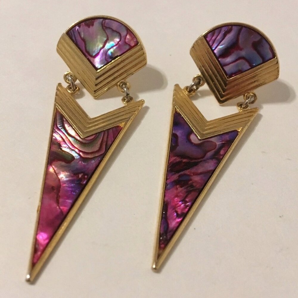 Chevron Earrings Pink Purple Mother Of Pearl Gold Tone Metal Pierced Post Dangle